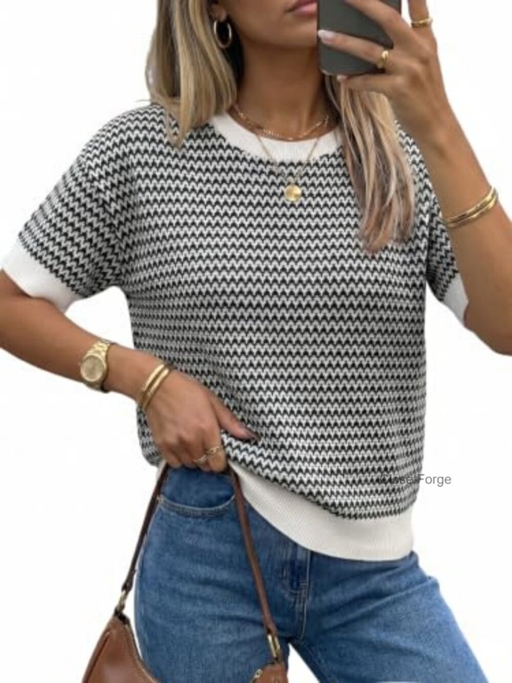 100% Cotton Striped Crewneck Sweater Short Sleeve Pullover Work Top